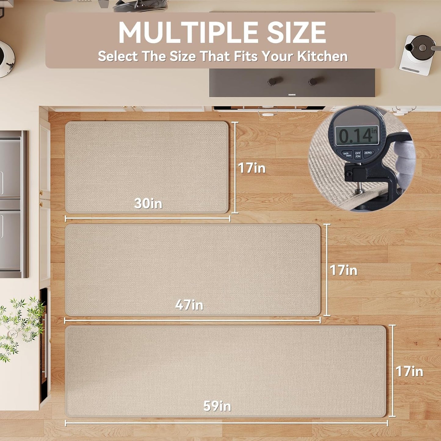 Kitchen Mats for Floor, Super Absorbent Kitchen Rugs Non Slip Washable, Soft Imitation Linen Braided Kitchen Runner Rug, Standing Mat Kitchens Sink Mat, Easy to Clean, Beige 17x47