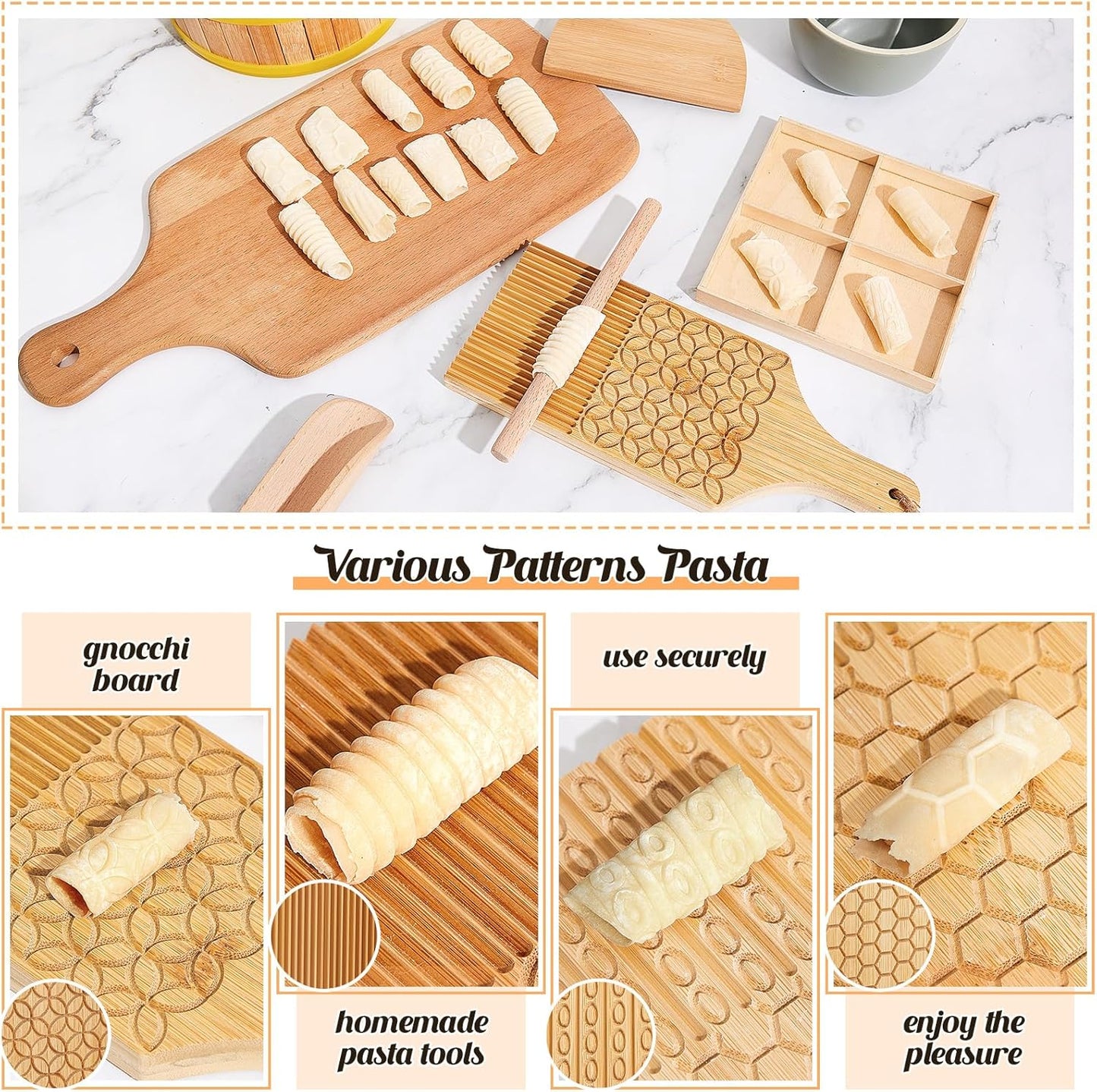 Tioncy 9 Pcs Pasta Making Tool Ravioli Gnocchi Maker Set Include Ravioli Mold Wooden Cutter Rolling Pin Gnocchi Board Wood Stick Dough Scraper Pasta Stamps(Pattern Style)