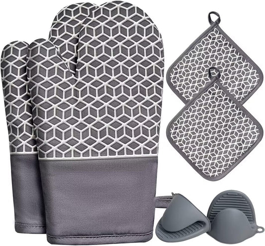 Oven Mitts and Pot Holders Sets 6pcs, Thick Cotton Oven Gloves High Heat Resistant 500℉with Extra Long Oven Mitts and Hot Pads Potholders with Non-Slip Silicone Surface for Cooking Baking