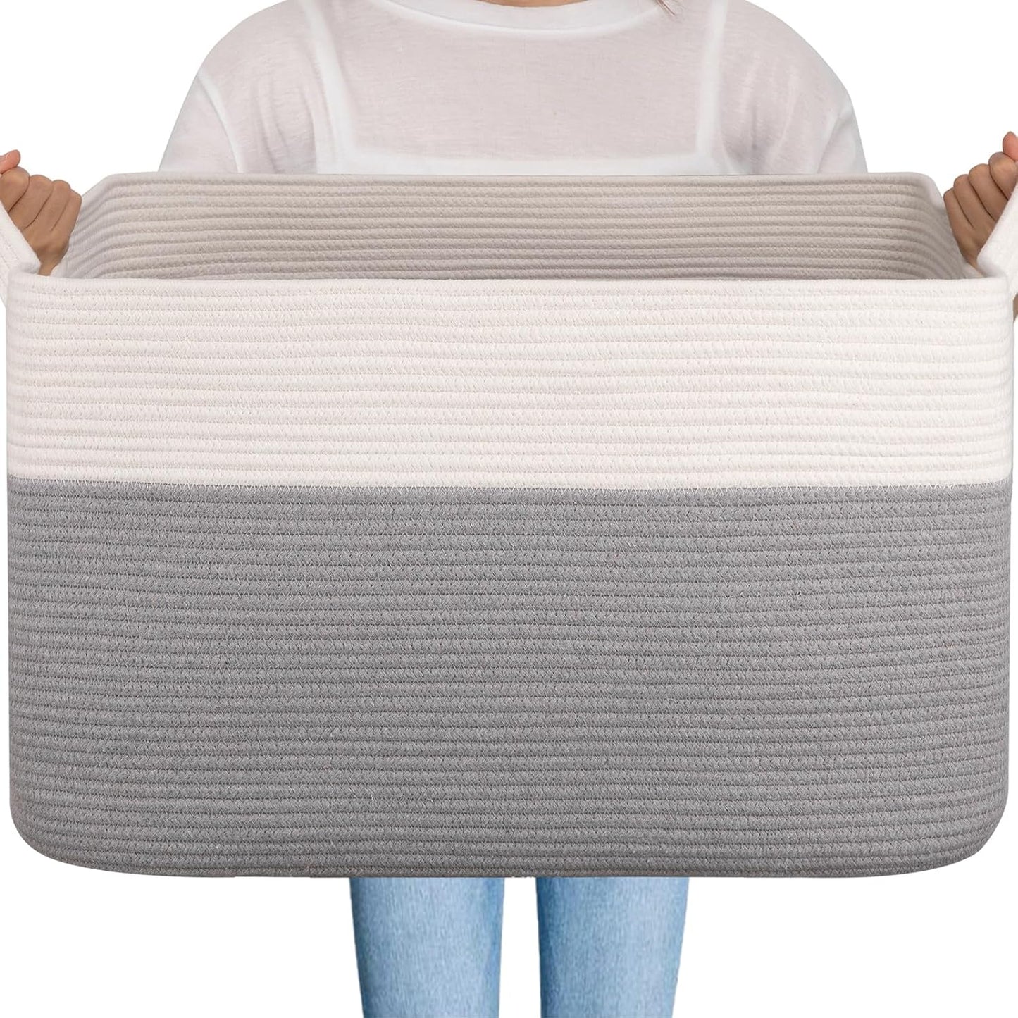 OIAHOMY 95L Blanket Basket, 24”x17”x14”, Large Woven Baskets for Storage, Nursery Cotton Rope Basket with Handle, Living Room, Nursery, Bedroom,Toy Baskets Organizer Bins, Grey & White