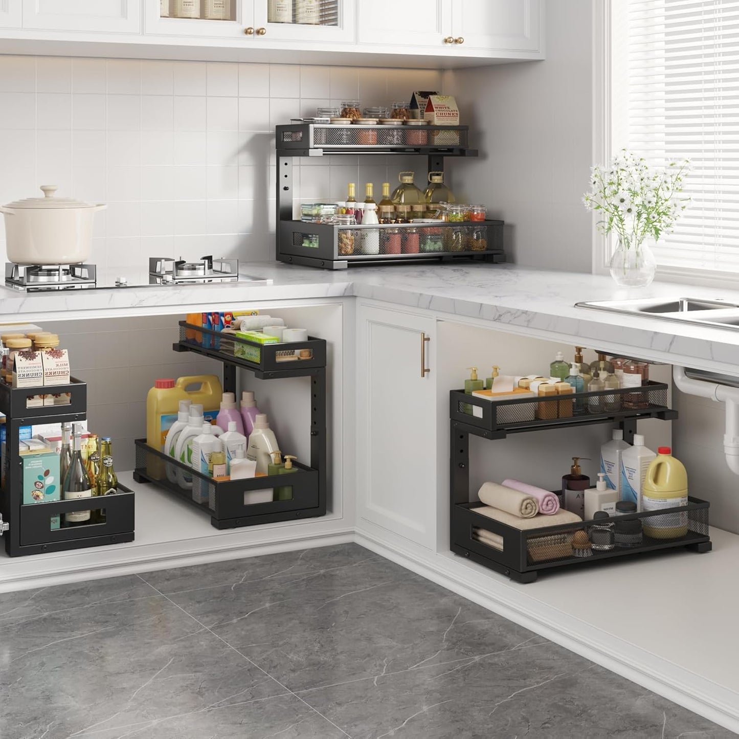 2 Pack 17IN Depth Under Sink Storage Organizer, Large 2-Tier Elegant Mesh Pull Out Shelf for Kitchen and Bathroom Cabinet Organization, L-Shaped and Adjustable Height Design-Black