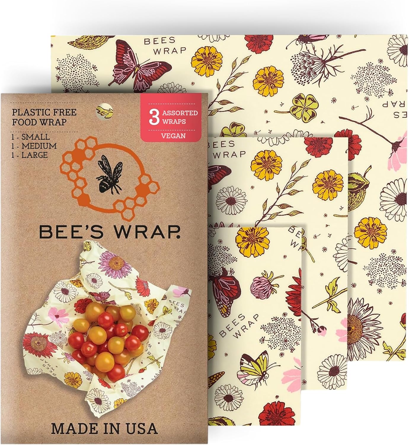 Bee's Wrap Vegan Beeswax Wraps for Food - Vegan Meadow Magic 3 Pack (S, M, L) Made in USA Reusable & Organic Food Wraps, Sandwich Wrap & Bowl Covers - Eco Alternative to Aluminum Foil & Plastic Wrap