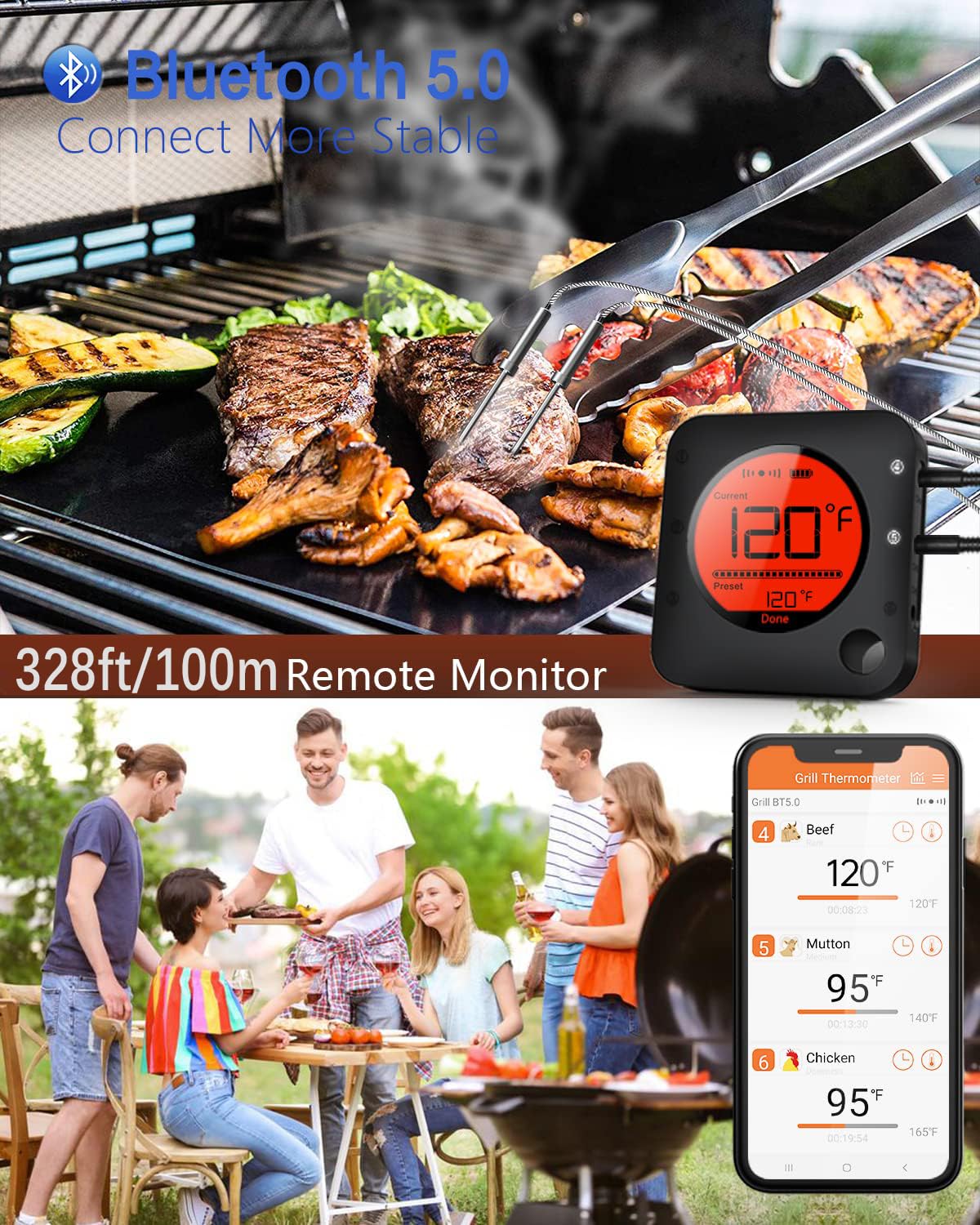 BFOUR Bluetooth Meat Thermometer Wireless Meat Thermometer, Wireless Digital Grill Thermometer with 6 Temperature Probes, Large LCD Display, Bluetooth Thermometer for Grill, Smoker, Oven and BBQ