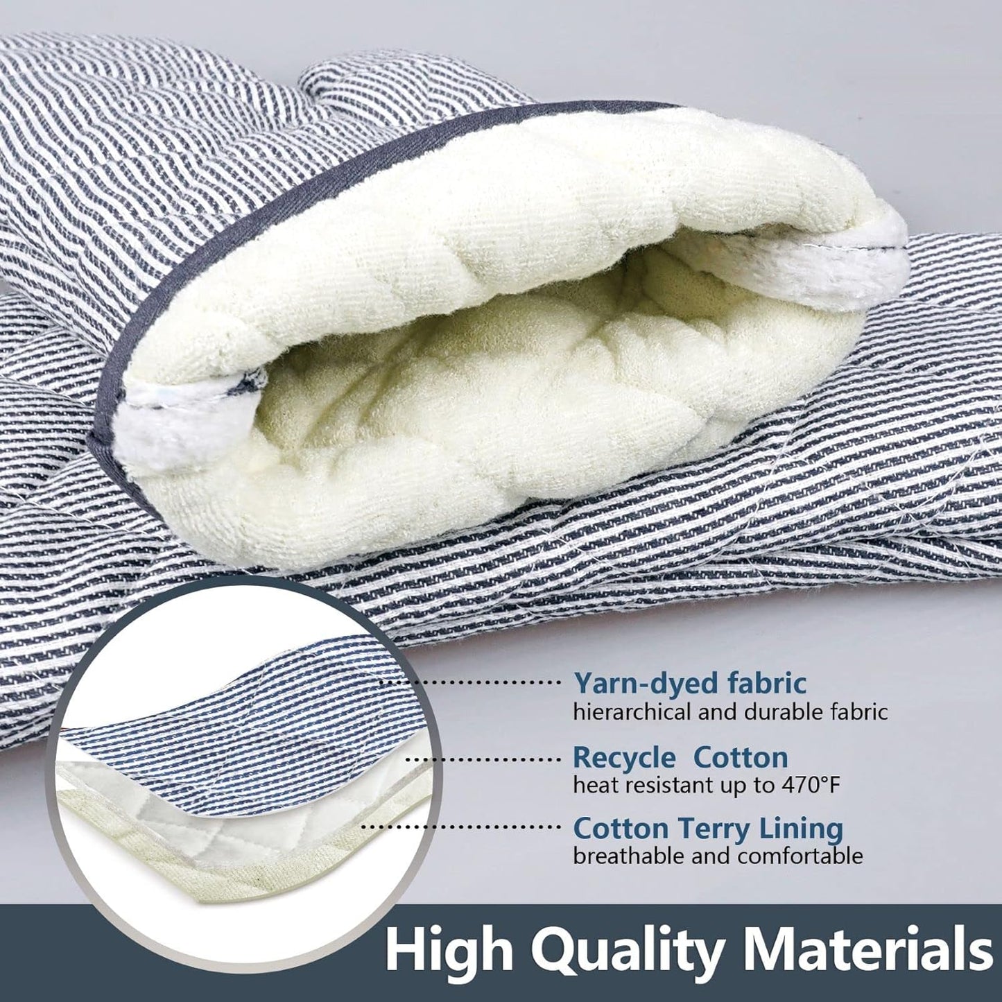 1 Pair Yarn Dyed Oven Mitts 100% Cotton Heat Resistant 470 Degree Gloves Men Women Cooking Baking Barbecue BBQ Microwave Crafting Machine Washable Pot Holders Mittens (Grey)