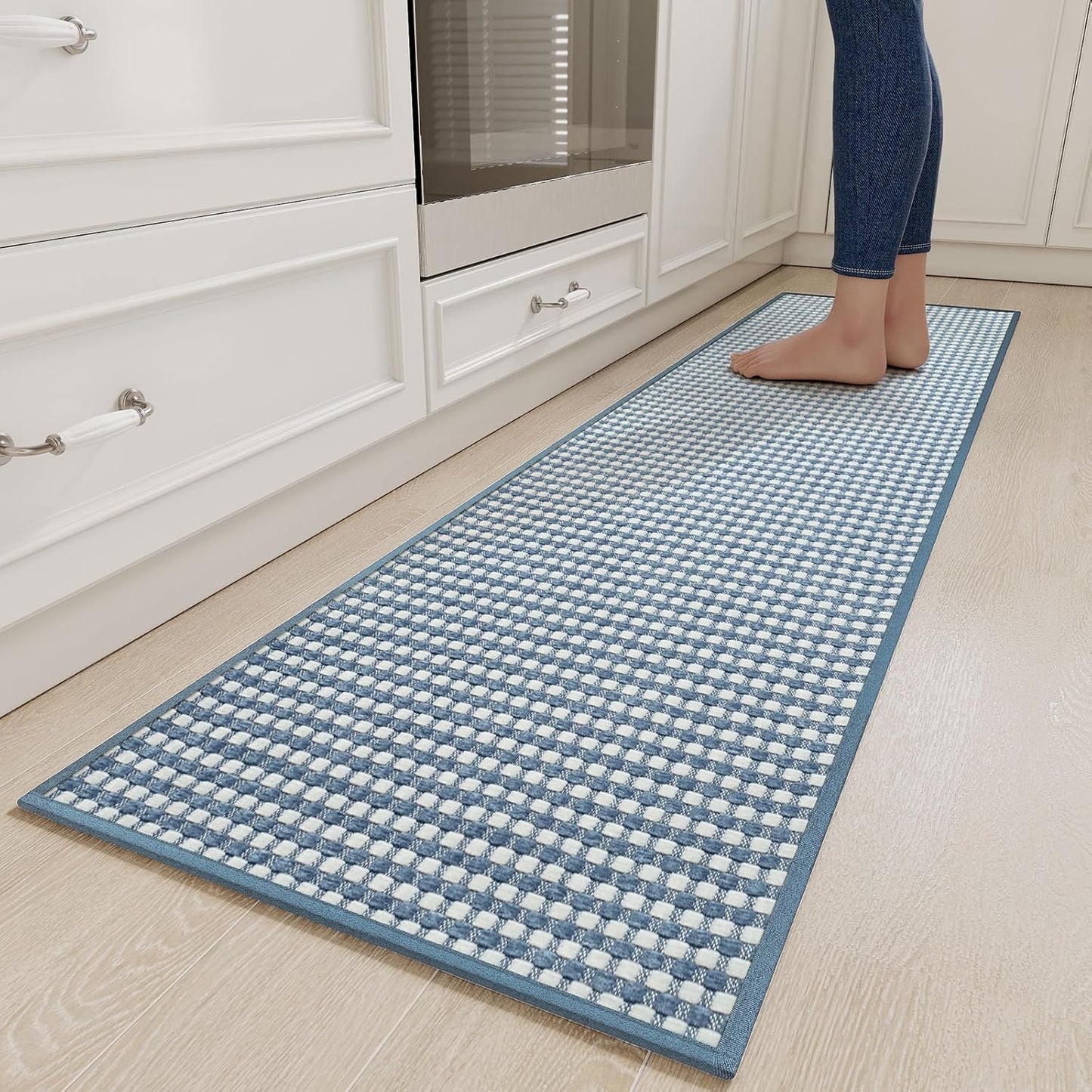 Long Kitchen Runner Rugs Kitchen Mat Non Slip Washable, Super Absorbent Soft Chenille Braided Kitchen Mats for Floor, Rubber Backing Kitchen Floor Sink Standing Mat, Easy Clean, Blue 17"x71"