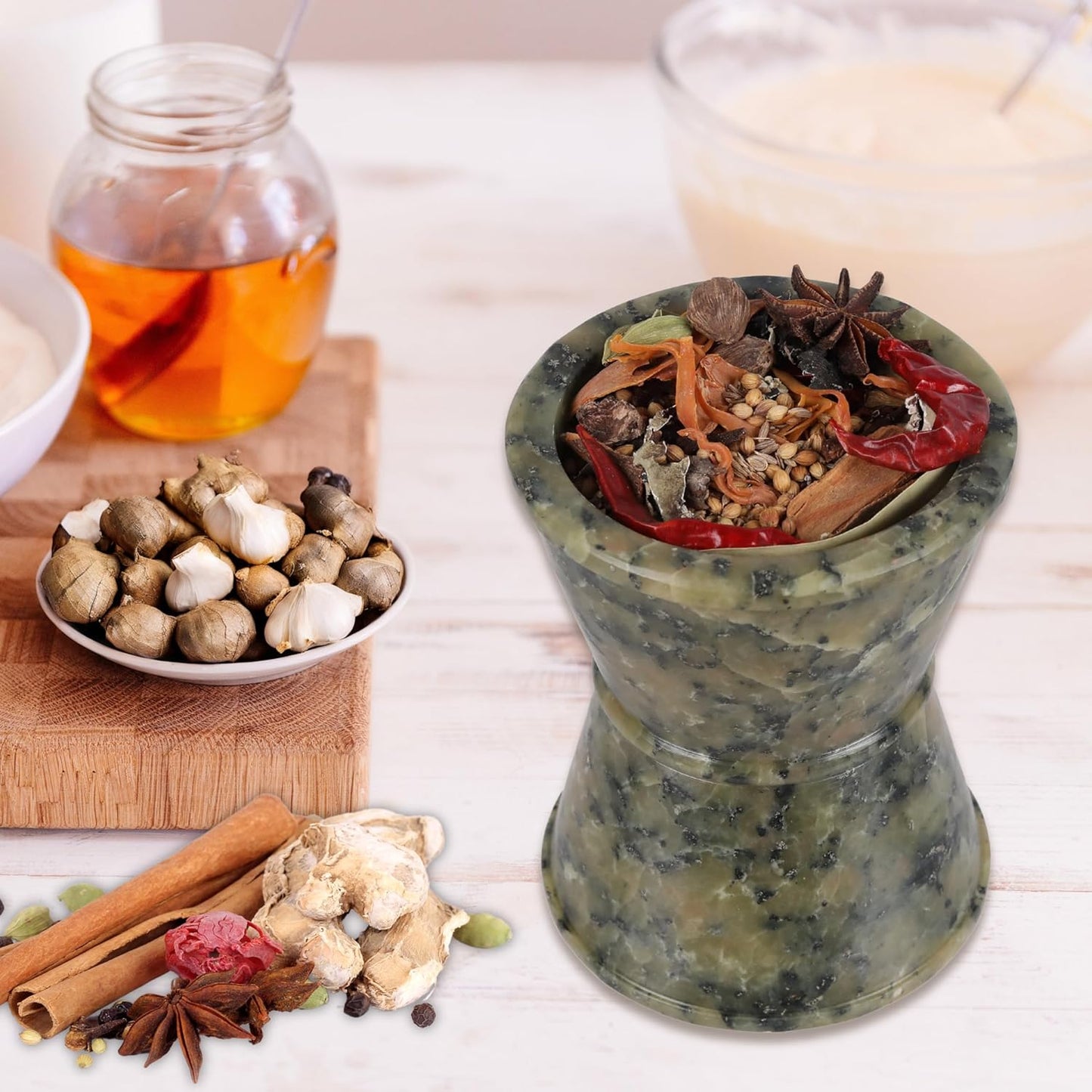 Mortar and Pestle, Made of Heavy Duty Polished Hard Stone, Natural Stone Grinder for Spices, Pastes, Herbs, Seasoning etc. (Drum Shape)