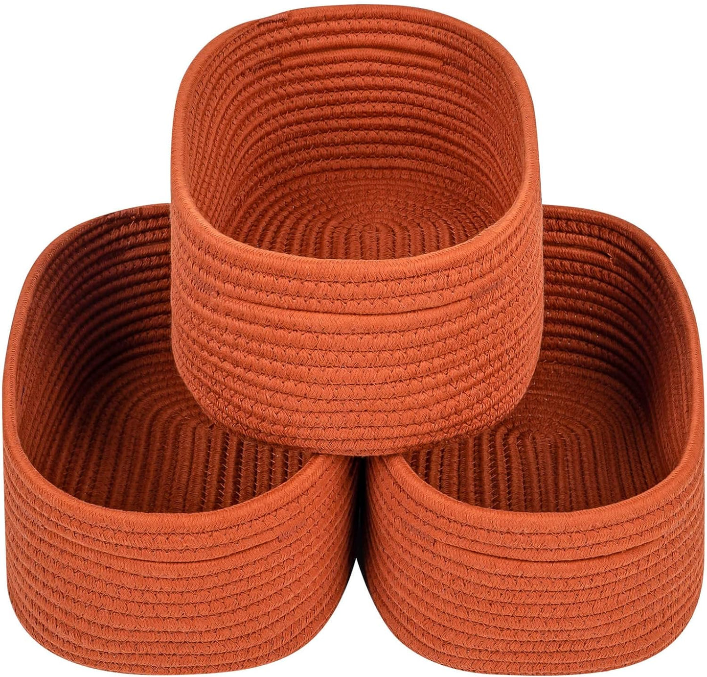 CubesLand Small Baskets, Storage Baskets for Organizing Shelves, 3 Packs Rectangular Woven Storage Baskets Natural Cotton Rope Storage Bins Closet Baby Nursery Baskets Empty Gifts Baskets Brick Red
