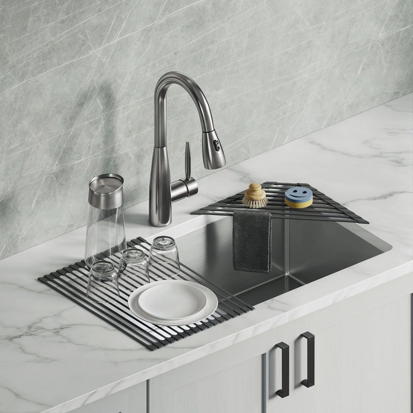 Dowell Over The Sink Roll-Up Dish Drying Rack Silicone Wrap, 17 Rods Dishwasher Safe, Food Safe, Heat Resistant, Foldable, Space-Saving, Multi-Purpose Sink Organizer for Any Surface