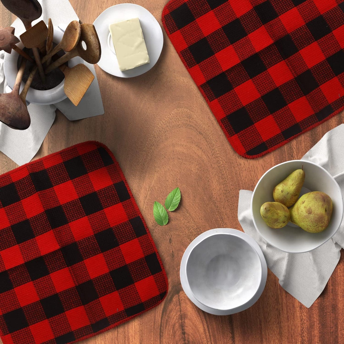 Waffle Weave Plaid Dish Cloths, 100% Cotton - 12 x 12 Inches, Ultra Soft Absorbent Quick Drying Dish Towels Buffalo Check Dish Rags for Kitchen, 8 Pack - Spring and Summer - Red & Black