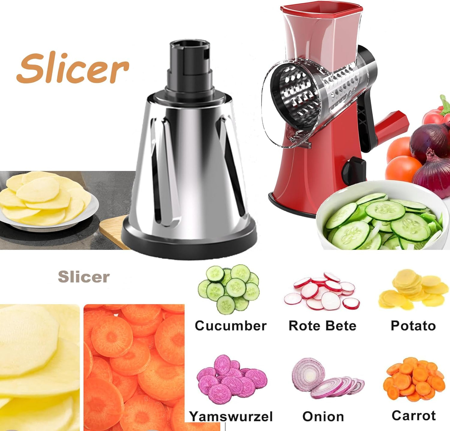 3-in-1 Rotary Cheese Grater Vegetable Slicer, 3 Interchangeable Blades Food Shredder with Anti-Slip Reinforced Suction Base, Kitchen Mandoline Chopper (Red)