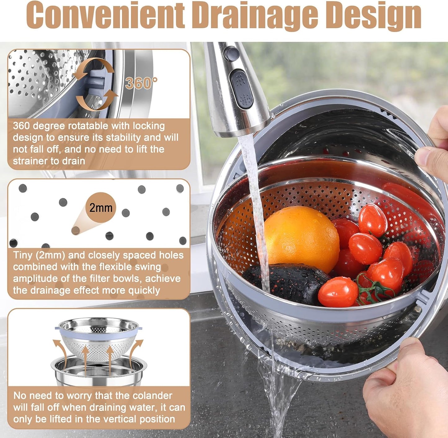 TeamFar Mixing Bowls with Colander Set, Stainless Steel Strainer and Nesting Salad Bowls, with Lids & 3 Graters, Non-Slip Bottom & Visible Lid, Rotatable & Dishwasher Safe, 4.6/3/1.5 QT, Khaki