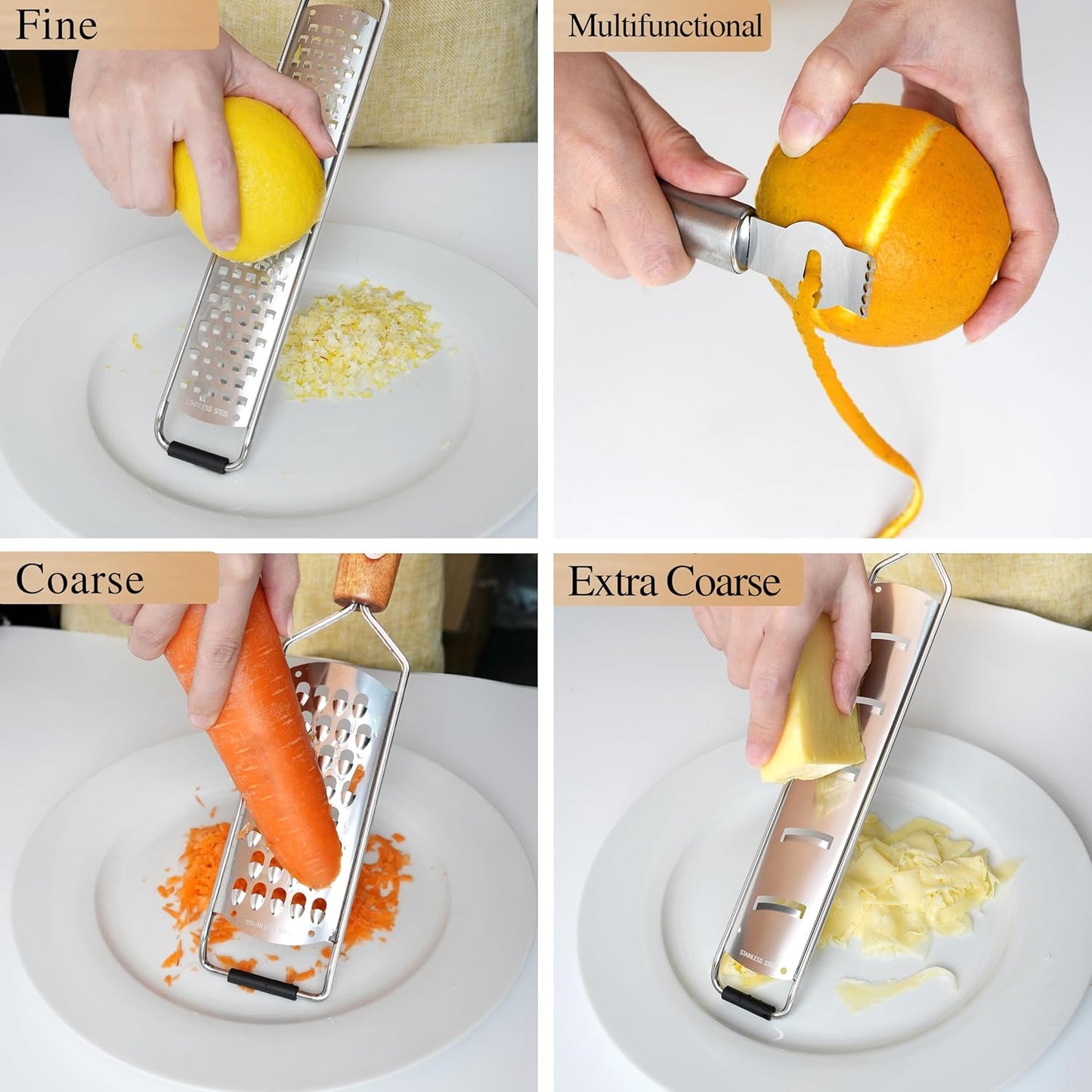 ALLWIN-HOUSEWARE Cheese Grater Zester Set of 5, 304 Stainless Steel with Acacia Wood Handle Kitchen Grater & Peeler & Slicer for Cheese, Lemon, Ginger, Garlic, Nutmeg, Fruits, Vegetables, Chocolate