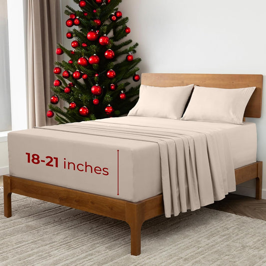 Mellanni Extra Deep Split King Sheets - 5 PC Iconic Collection Bedding - Hotel Luxury, Ultra Soft, Cooling Bed Sheets - Wrinkle, Fade, Stain Resistant (Split King, Beige)