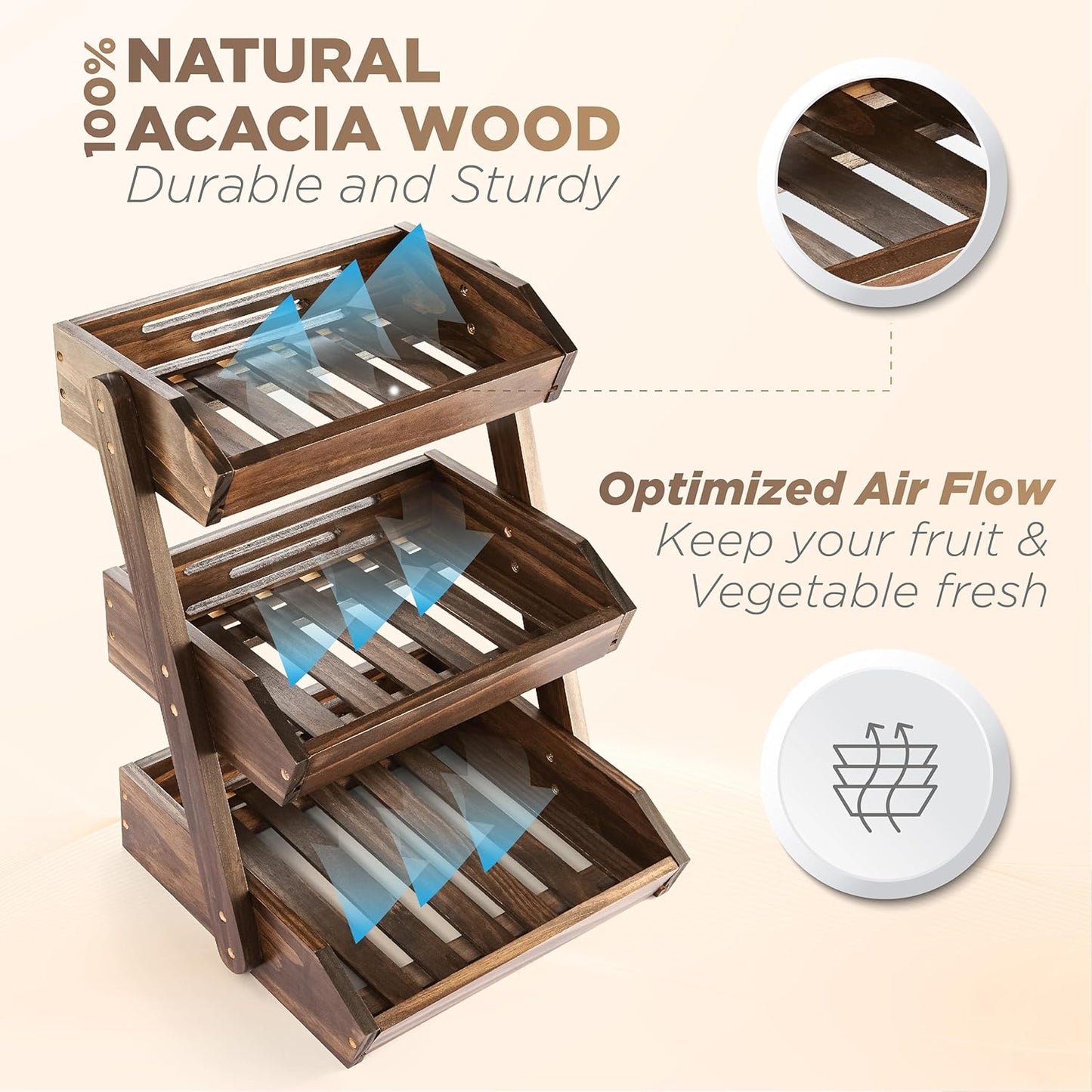 Fruit Basket, Fruit Bowl, 2 Tier Fruit Basket for Kitchen, Fruit Stand Storage Holder, Heavy Duty/Multipurpose/Large Capacity for Fruit, Vegetables, Bread Storage (Walnut, 3 Tier)