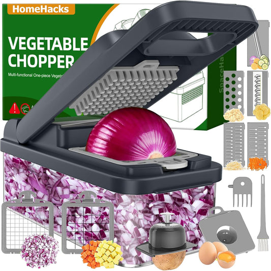 HomeHacks Vegetable Chopper Vegetable Cutter, 12 in 1 Kitchen Gadget, Dicer, Slicer, Onion Cutter, Salad, Cheese Grater & Egg Separator - Multi-Functional Veggie Chopper Lid with Handle (Grey)