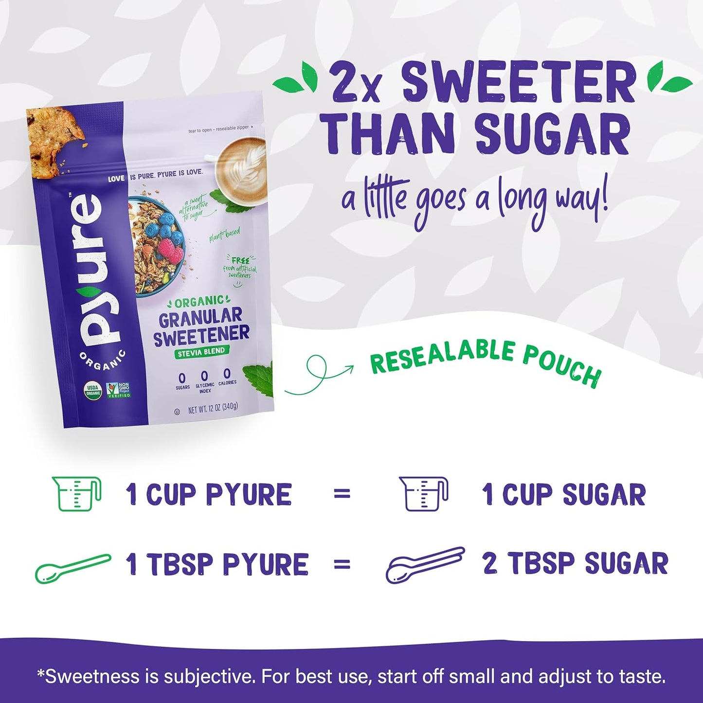 Pyure Organic Stevia Blend | Granulated Sugar Substitute with Zero Calories & Carbs | Keto, Diabetic & Vegan Friendly | Sugary Taste Alternative | USDA Organic, Non-GMO | Good For Baking | 1.5lb (24oz)