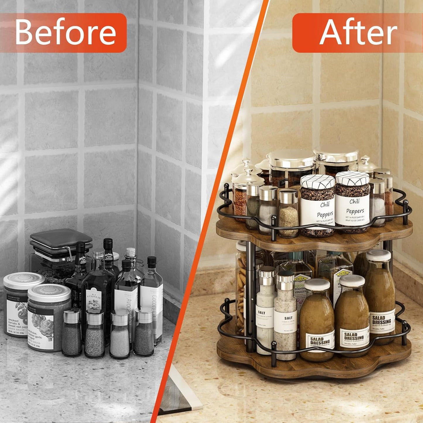 2 Tier Lazy Susan Organizer,2-Tier Spinning Spice Rack with Stable Carousel Base & 4 Height Settings for Cupboard Kitchen Countertop Dining Table Cupboard (Two-Ply(Petal Shape))