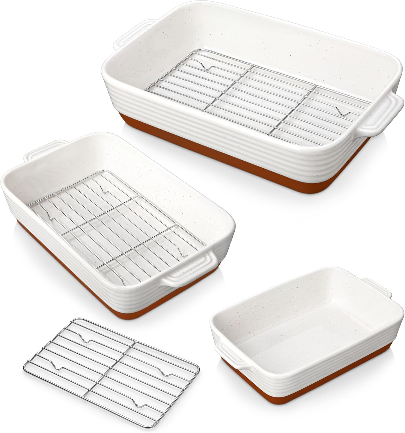 MALACASA Casserole Dishes for Oven with Roasting Racks, Ceramic Baking Dishes Set of 3, Baking Pan Casserole Dish Set, Rectangular Lasagna Pan Deep with Handles for Baking, Khaki White (14.5''/13''/10.5''), Series TARA