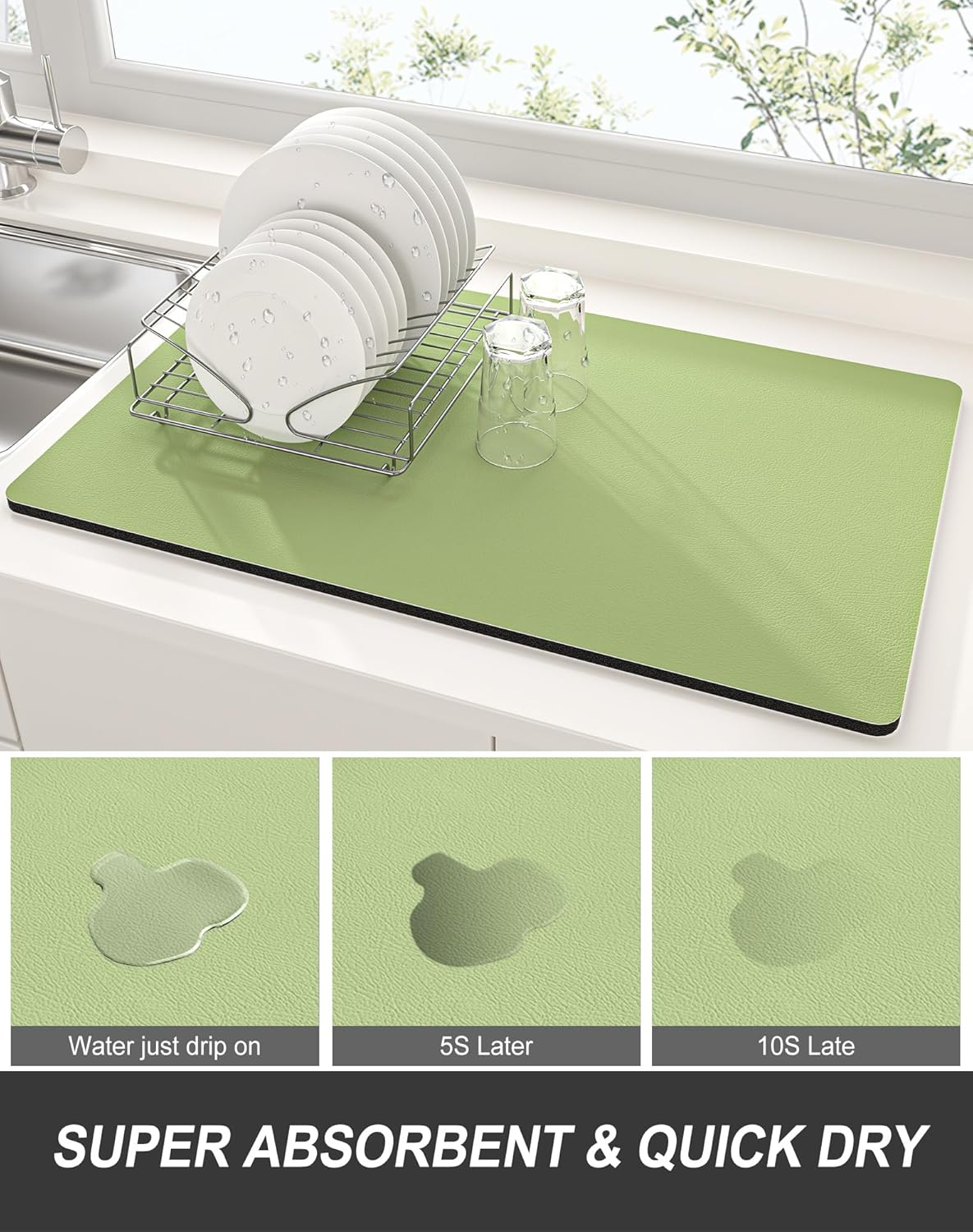 Rnivvi Dish Drying Mat for Kitchen Counter, 12 x 19" Super Absorbent Drainer Pad Easy Clean Dish Rack Pad, Non-Slip Heat Resistant Coffee Bar Mats for Coffee Machine Station Accessories Decor, Green