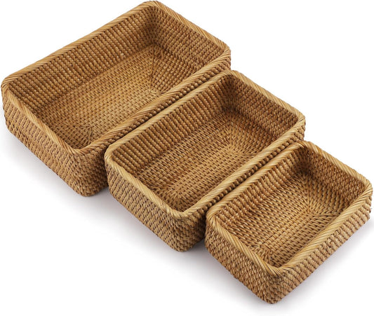 Natural Rattan Storage Baskets Set of 3 natural rattan Rectangular braided wicker box,fruit basket wicker basket, baskets for Organizing Container Bins for Shelves Cupboards Drawer
