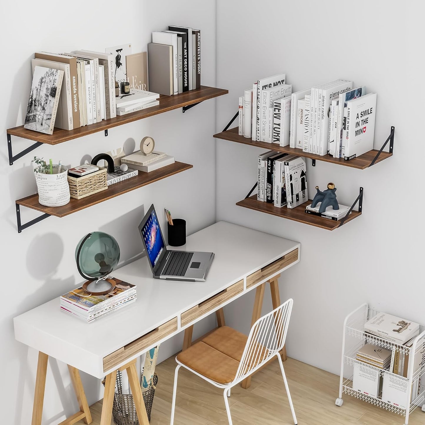 Heimlove 12 Inch Deep Floating Shelves for Wall, 24W x 12D Wood Wall Shelves Set of 2, Walnut Wide Floating Bookshelf for Living Room, Kitchen, Office, Bedroom, with Black Metal Bracke - Walnut