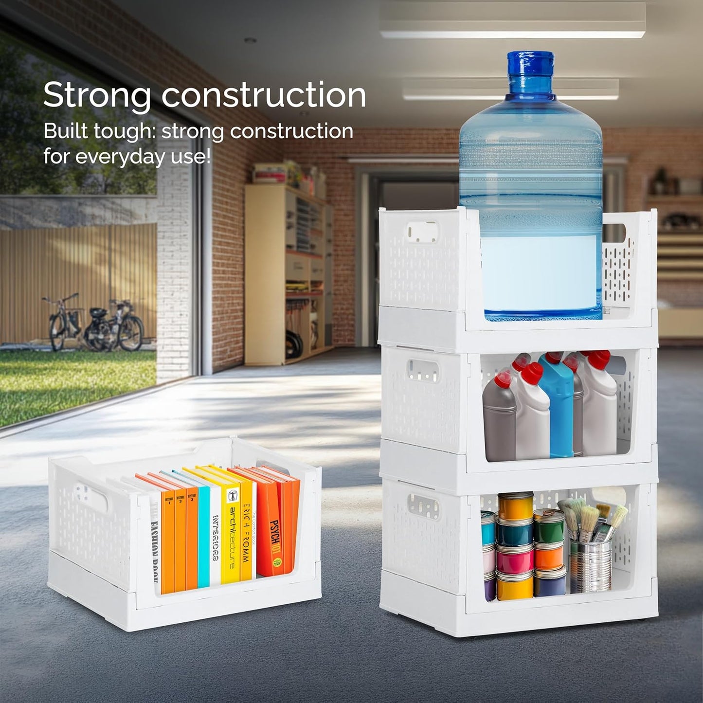 Skywin TidyFriend Stackable Storage Bins with Wheels, 3 Pack Foldable Storage Bins Box, Plastic Shelves Drawer Organizer Container for Closet Office Bedroom Kitchen Bathroom (Ivory)