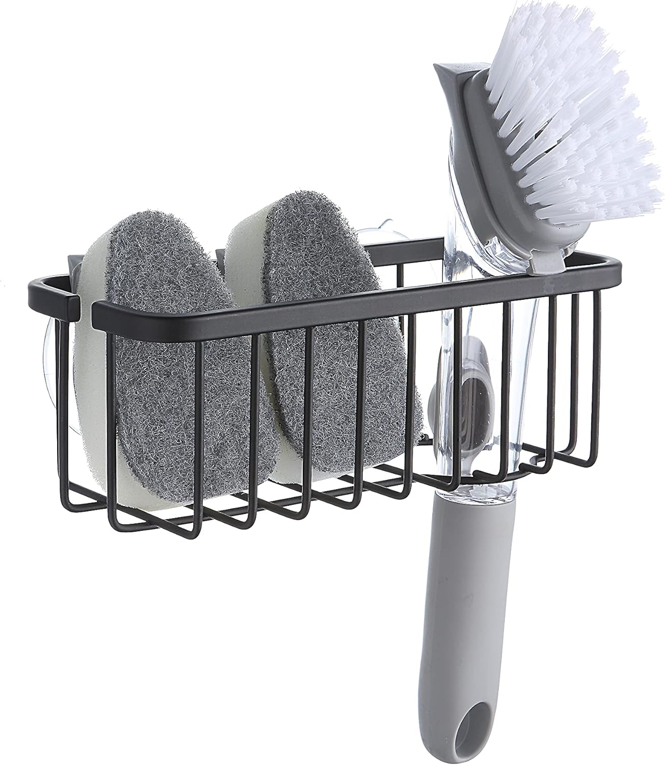 SunnyPoint NeverRust Deluxe Kitchen & Bathroom Sink Sponge Holder Organizer with Adhesive Mount - Additional Suction Cup Included – Sponge & Brush NOT Included – 7.4 x 3.3 x 2.75 Inch, BLK