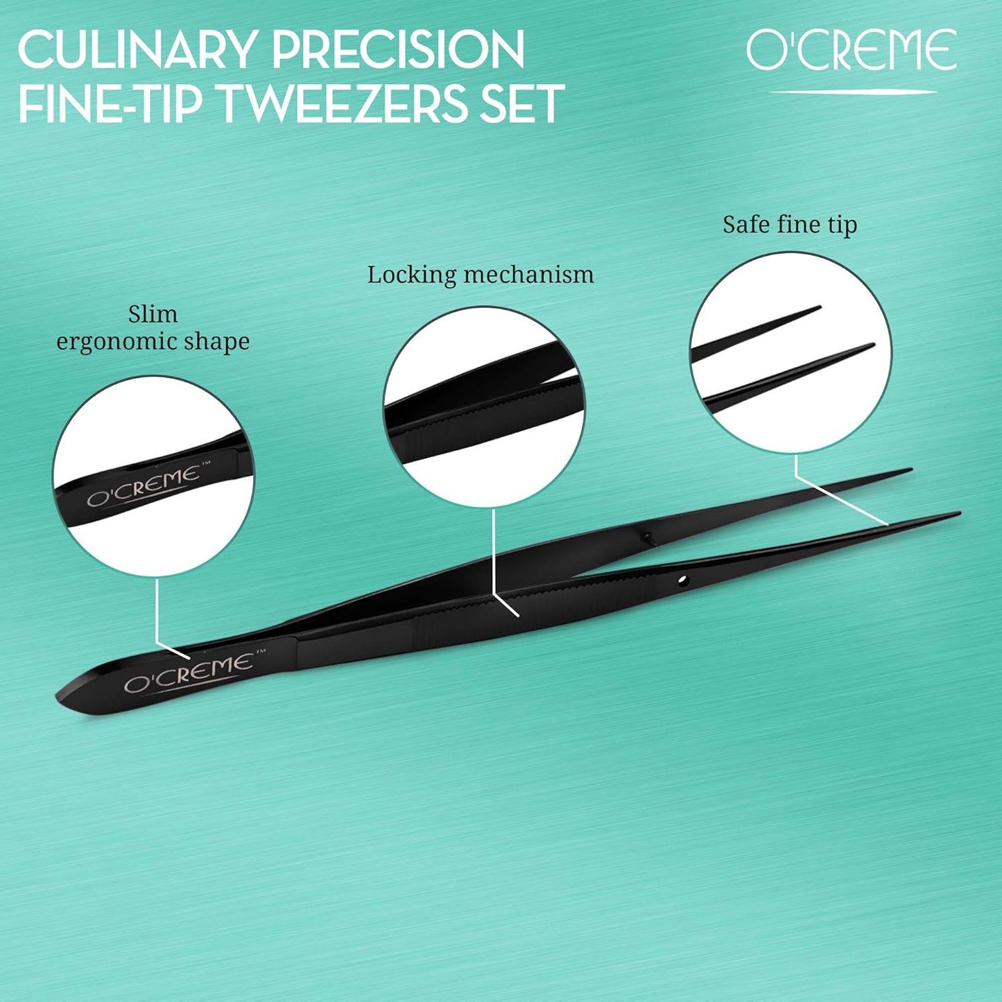 O'Creme Stainless Steel Precision Kitchen Tweezer Tongs 6.25" with Fine Tip (Black)