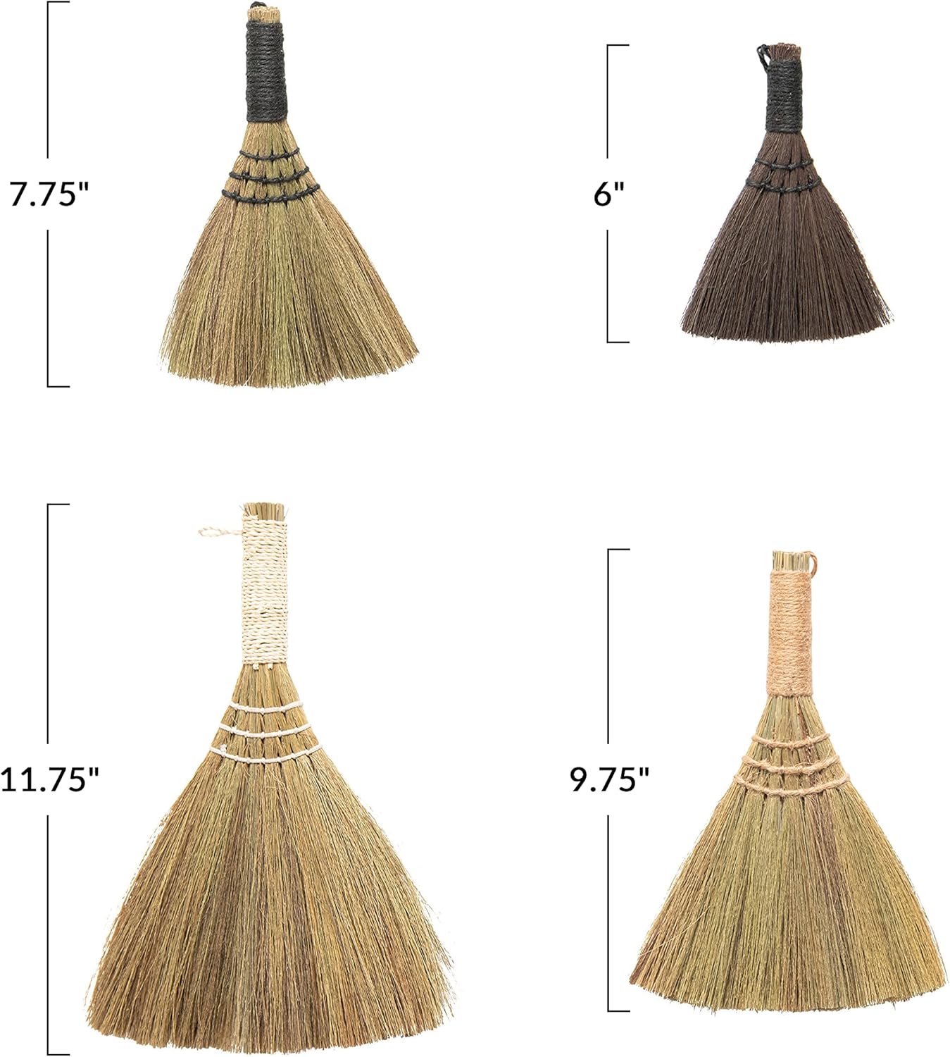 Creative Co-Op Whisk Brooms with Yarn Wrapped Handles, Multi Color Neutrals, Set of 4