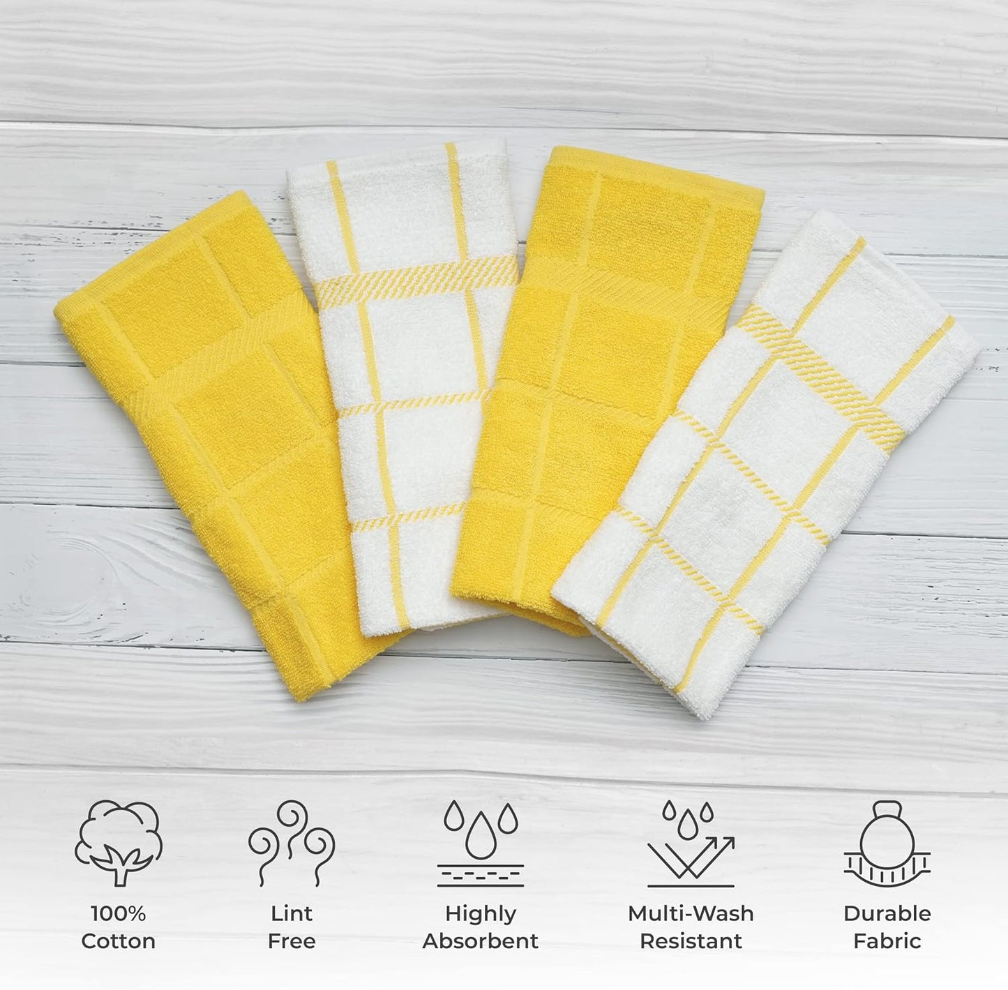 100% Cotton Terry Dish Towels, 4 pack16 x26 Inches, Super Soft and Absorbent Kitchen Towels, Perfect for Kitchen Cleaning and Dish Washing | Yellow