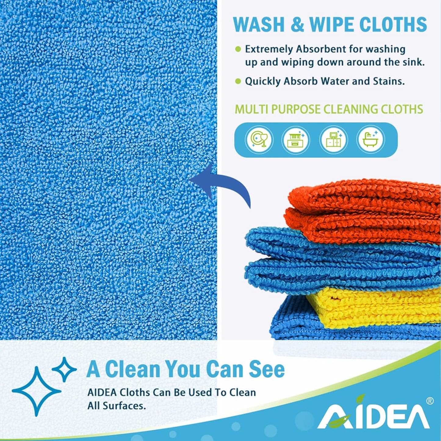AIDEA Microfiber Cleaning Cloths 100PK, All Purpose Cleaning Supplies, Absorbent Cleaning Rags, Lint Free Microfiber Towels, Wash Cloth for House, Kitchen, Car, Window, 12"×12"