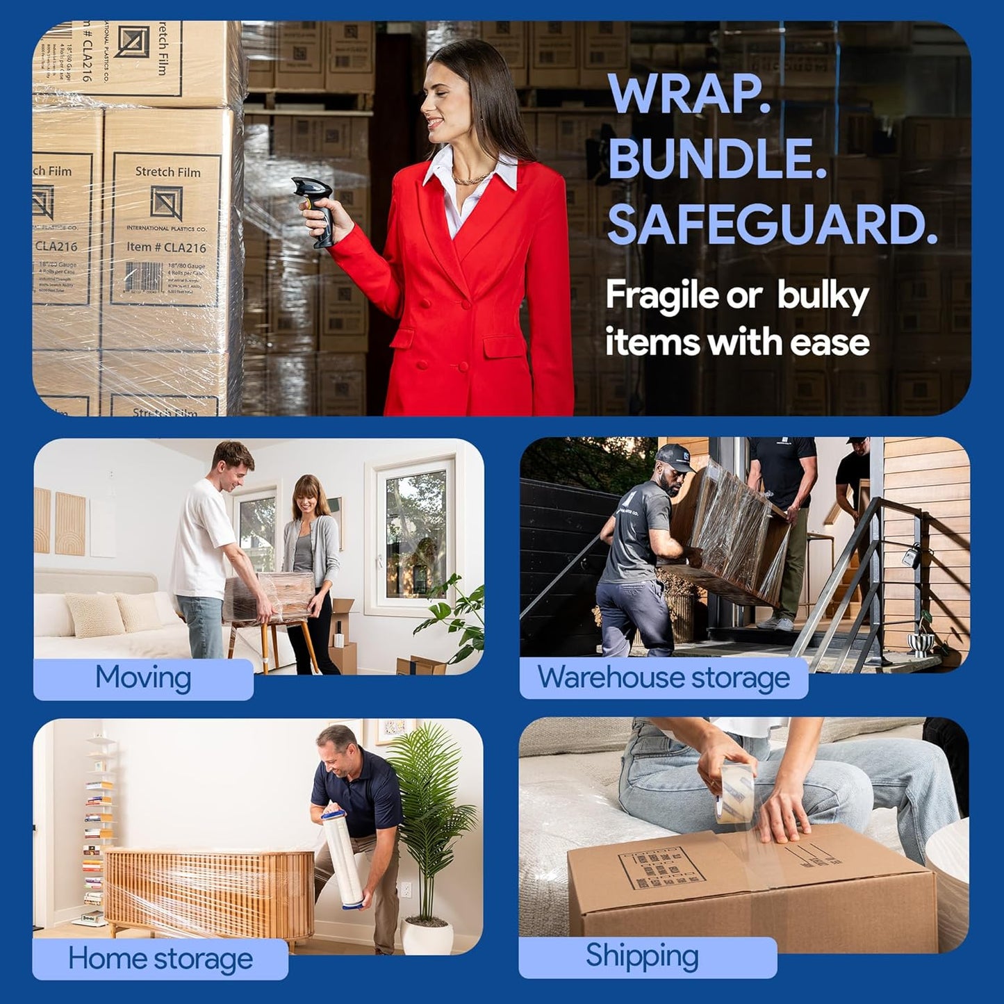 International Plastics Co. 15" Plastic Stretch Film Wrap with Tension Handles 1200ft 500% Stretch Clear Cling Durable Adhering Packing Moving Packaging Heavy Duty Shrink