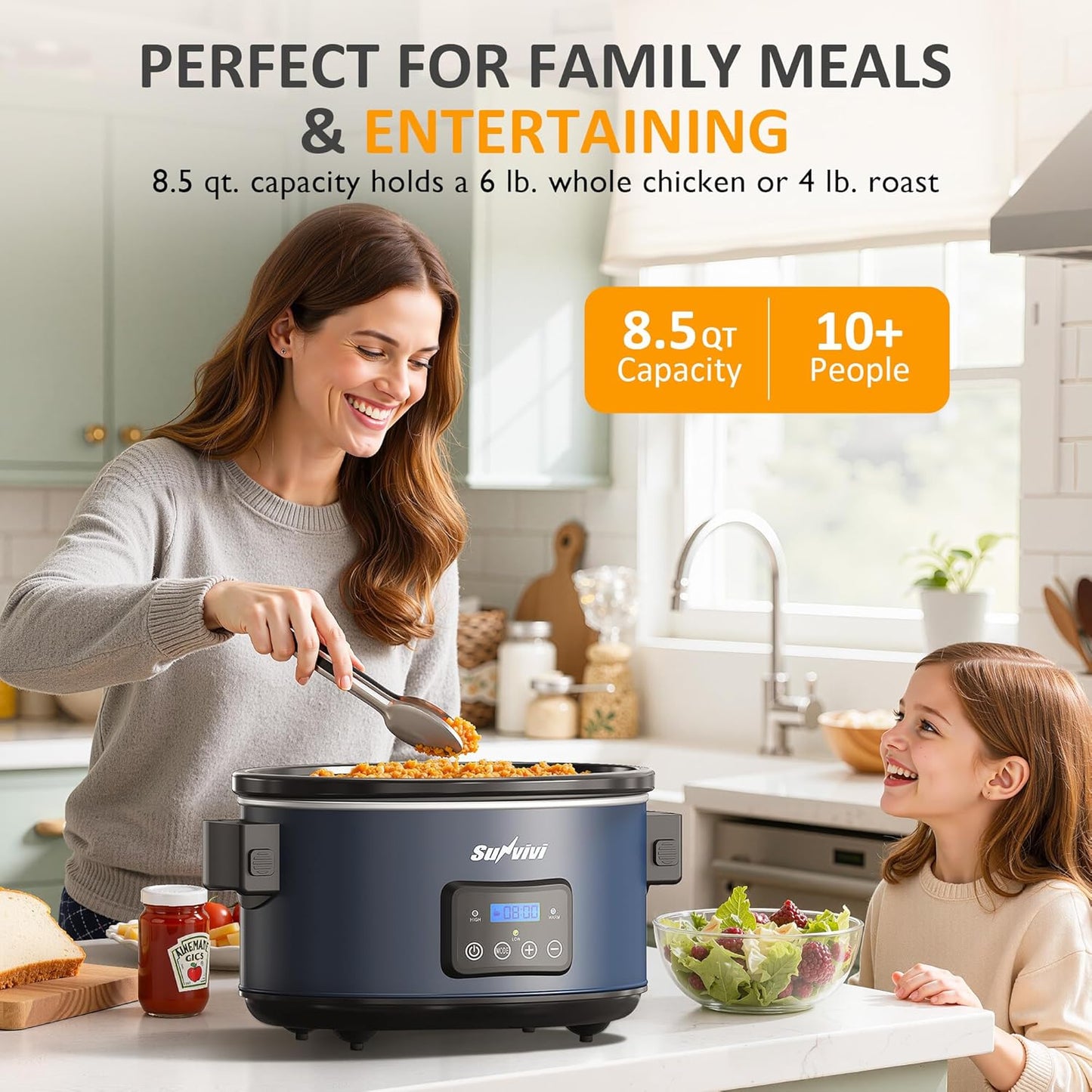Sunvivi 8.5 Quart Programmable Slow Cooker: Multi-Cooker Food Warmer with Locking Lid & Digital Timer, Adjustable Tempature Control, Dishwasher Safe, Perfect for Families and Gatherings, Blue