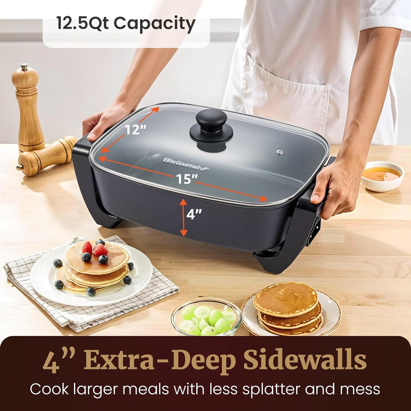 Elite Gourmet EG2615 15" x 12" x 4” Electric Skillet, Durable Xtra Deep Dish, PFAS Free Ceralast™ Ceramic Non-stick, 1500W Rapid Heat, Tempered Glass Vented Lid, Dishwasher Safe, 12.5 Qt., Black/Gray