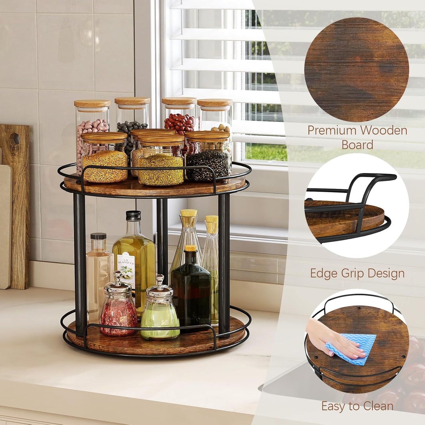 LAMU 10.2'' Wood Lazy Susan Turntable Organizer for Cabinet, 3 Tier Lazy Susan Spice Rack Organizer for Kitchen, Table Top, Countertop, Pantry, Bathroom