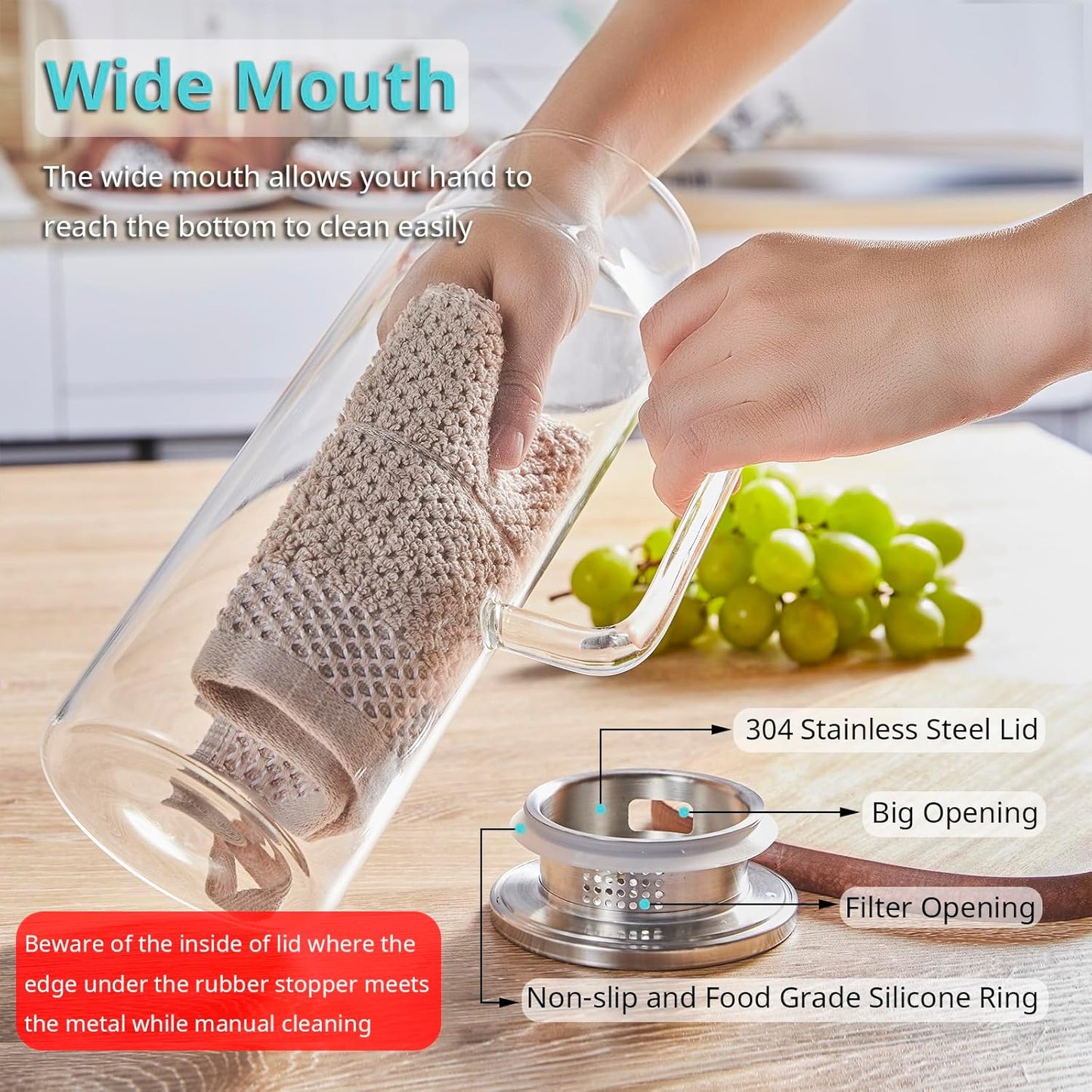 1.6 Liter 54 oz Glass Pitcher with Lid and Spout, Bivvclaz Glass Carafe Water Pitcher for Hot/Cold Water, Iced Tea, Drinks, Coffee, Juice and Homemade Beverage