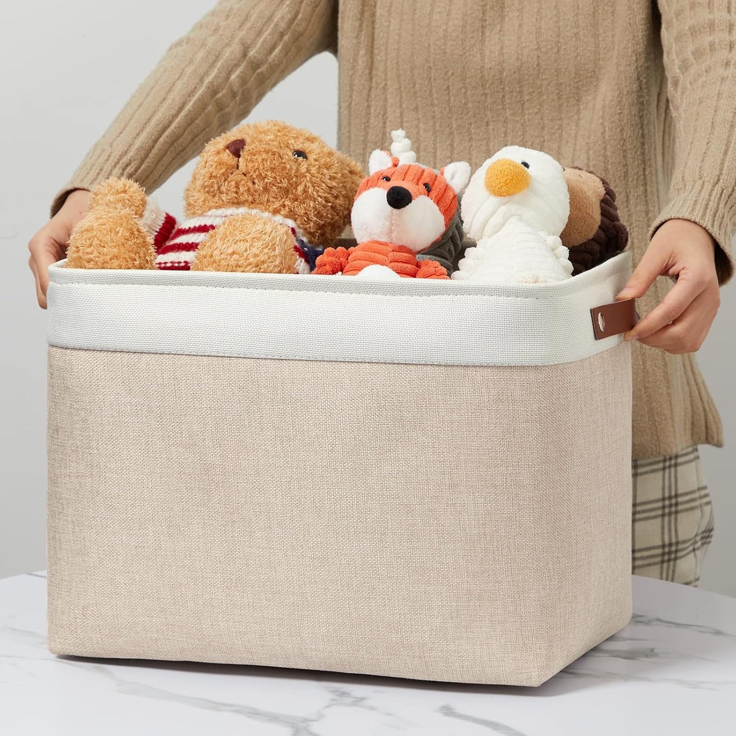 DULLEMELO 2-Pack Large Storage Baskets for Organizing 16"x12"x12" Canvas Fabric Storage Basket Bins With Leather Handles for Shelf Clothes Empty Gift Basket (White&Khaki)