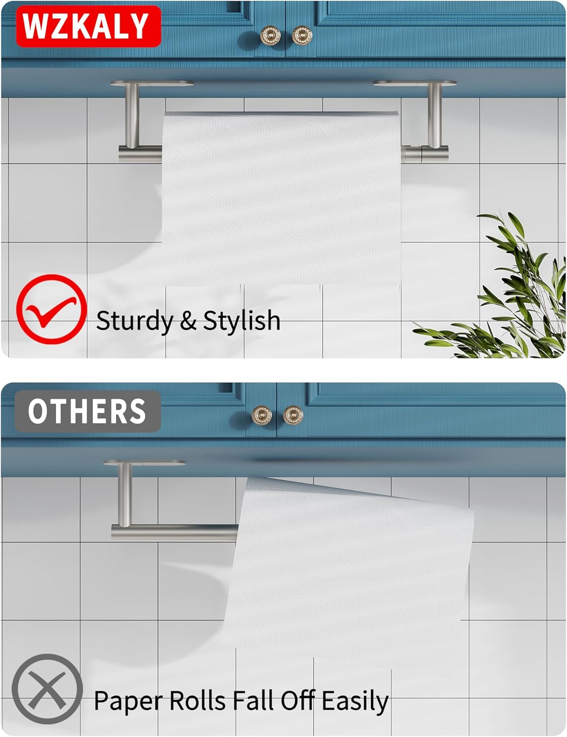 Paper Towel Holder Under Cabinet, Self Adhesive or Wall Mounted SUS304 Stainless Steel Paper Towel Holder for Kitchen, Bathroom(2 Towel Hooks, Silver)