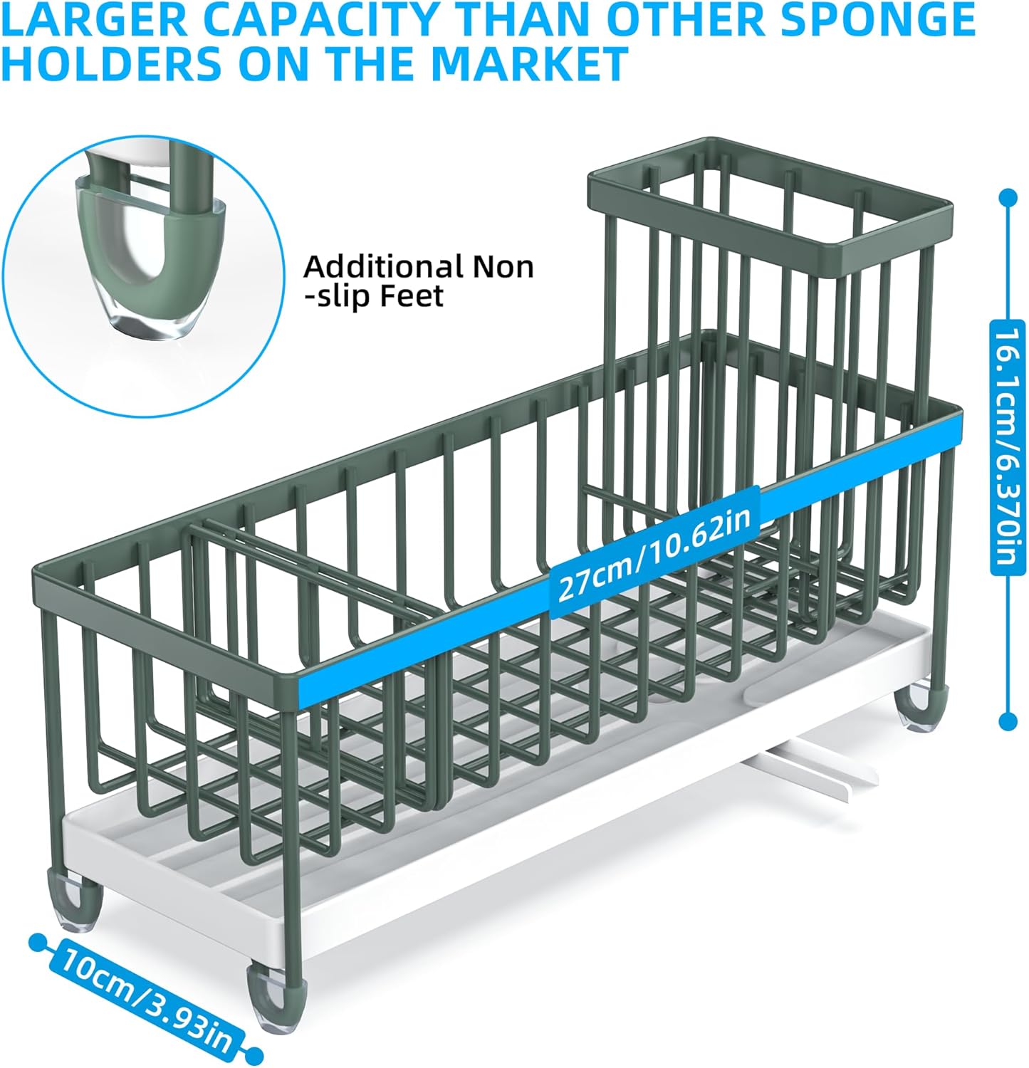 Moforoco Extra Large Sponge Holder for Kitchen Sink Organizer Caddy, Dish Brush Scrubber Holder,Stainless Steel Sink Box Utensil Holder,Soap Dispenser Set Tray Counter Accessories（Sage Green ）