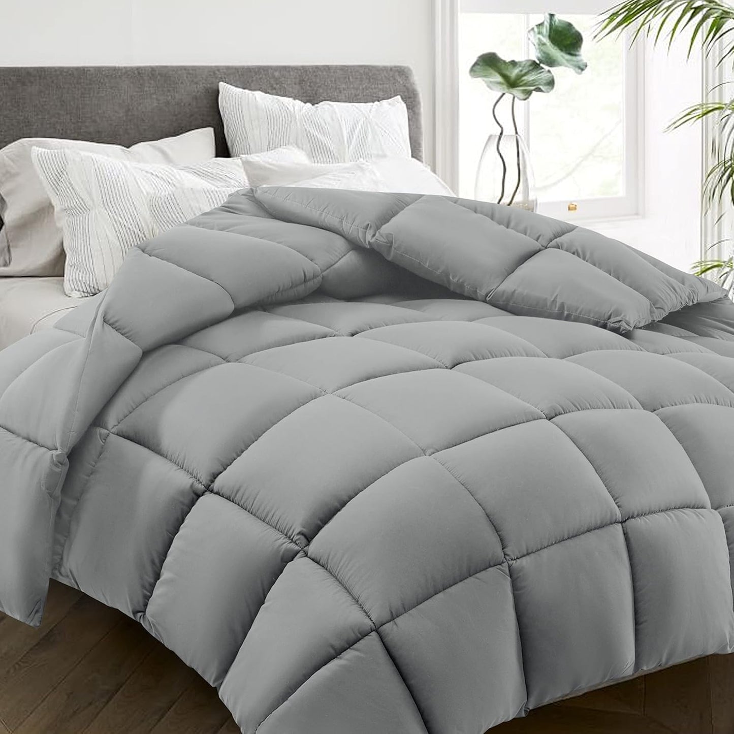 HYLEORY All Season Twin Size Bed Comforter - Cooling Down Alternative Quilted Duvet Insert with Corner Tabs - Winter Warm - Machine Washable - Light Grey