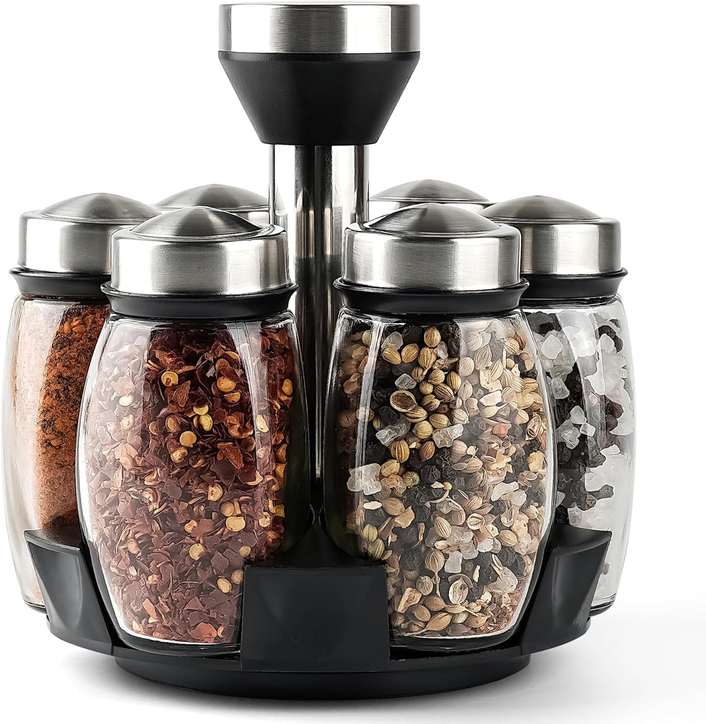 Mlici 6PC Spinning Glass Spice Jars - 360° Rotating Spice Rack Organizer with Jars, Stainless Steel Revolving Seasoning Holder Jars for Countertop Cabinet Kitchen Spices Cruets