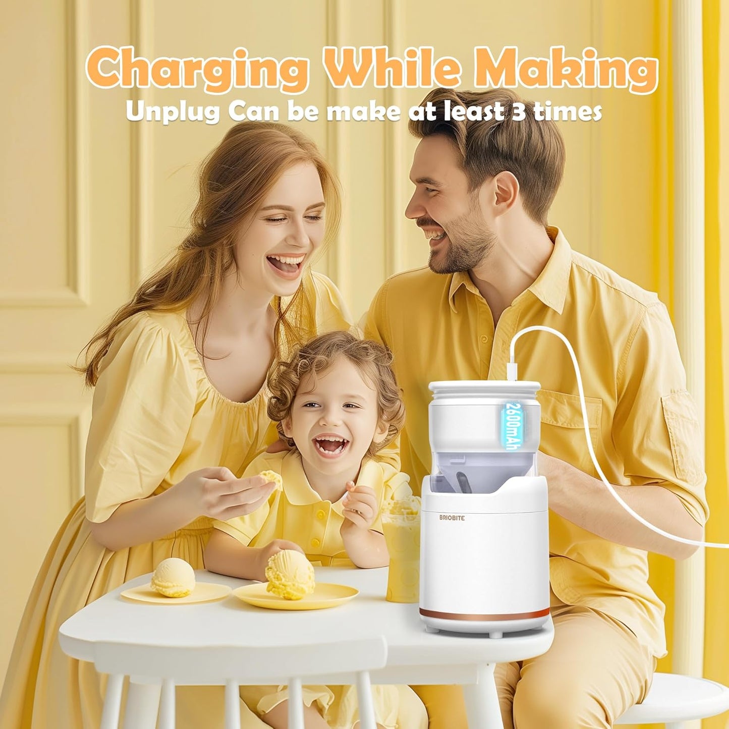 Ice Cream Maker Machine – Premium Mini Electric Maker Machine with Low-Noise Operation, Rechargeable,Perfect for Gelato, Sorbet & Frozen Yogurt, Easy to Clean,White