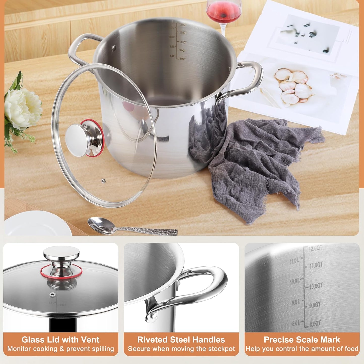 Herogo 12 QT Stock Pot, Tri-ply 18/10 Stainless Steel Cooking Pot with Lid, 12 Quart Large Metal Pasta Stockpot for Chicken Soup, Big Stockpot for Induction Gas Electric Stove, Dishwasher Safe