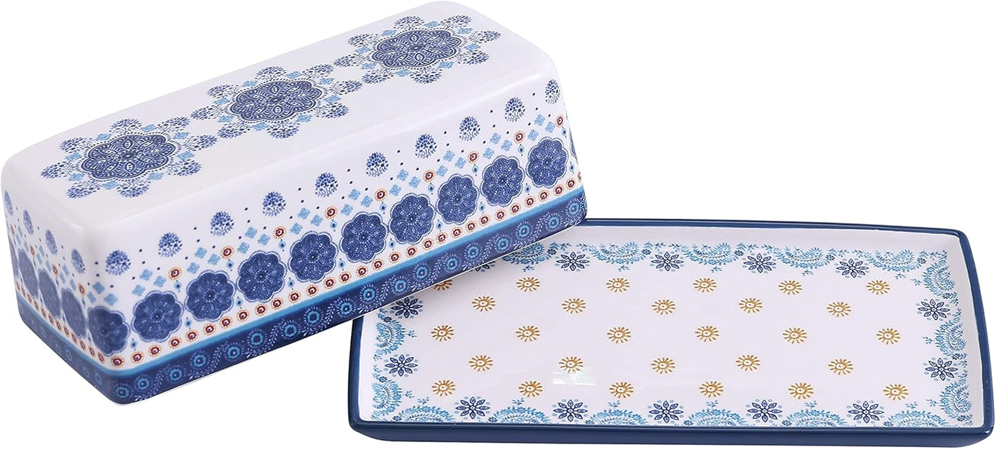 Bico Blue Talavera Ceramic Butter Dish with Lid, Wide Butter Keeper for Counter, Kitchen Countertop, Microwave and Dishwasher Safe