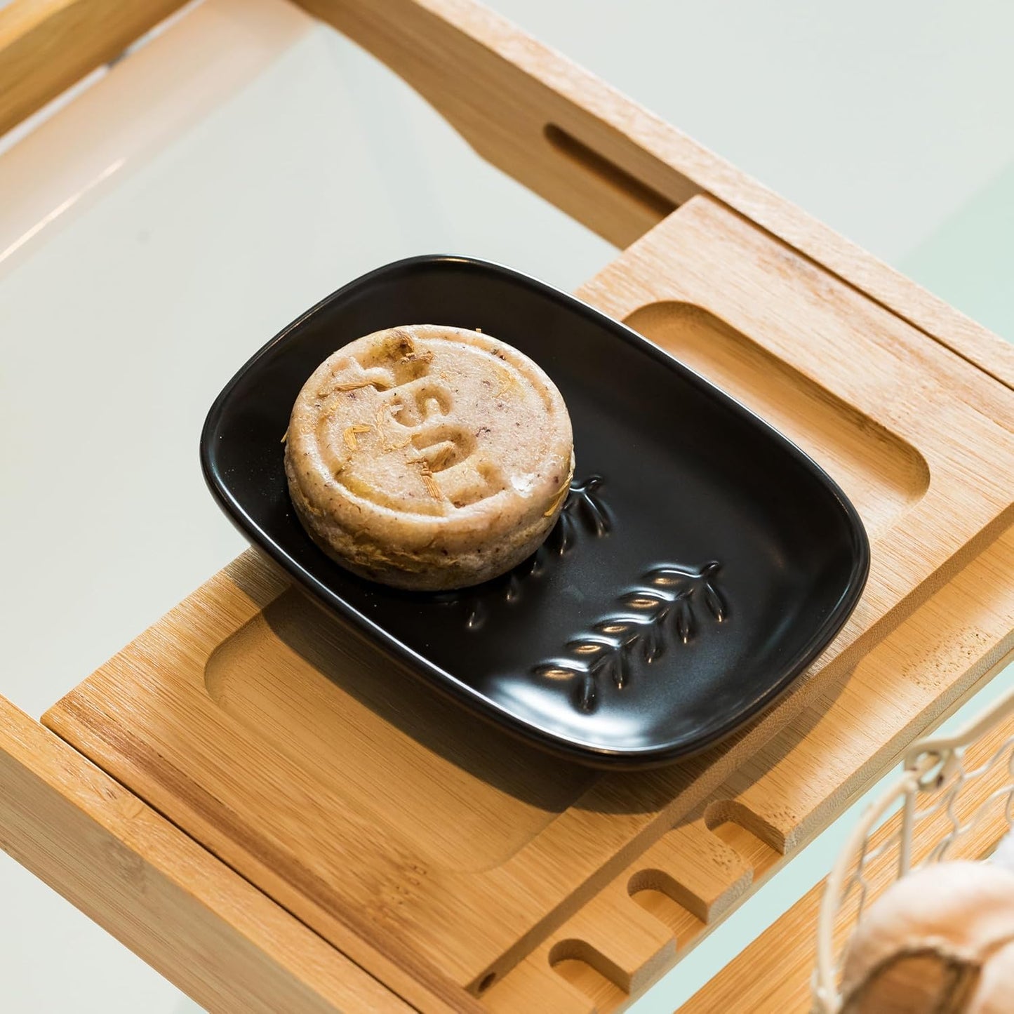 Soap Dish Soap Holder Shower, Ceramic Soap Dishes for Bar Soap Sponge, Shower Saver Tray for Bathroom Kitchen Sink, Raised Leaf Design, Black