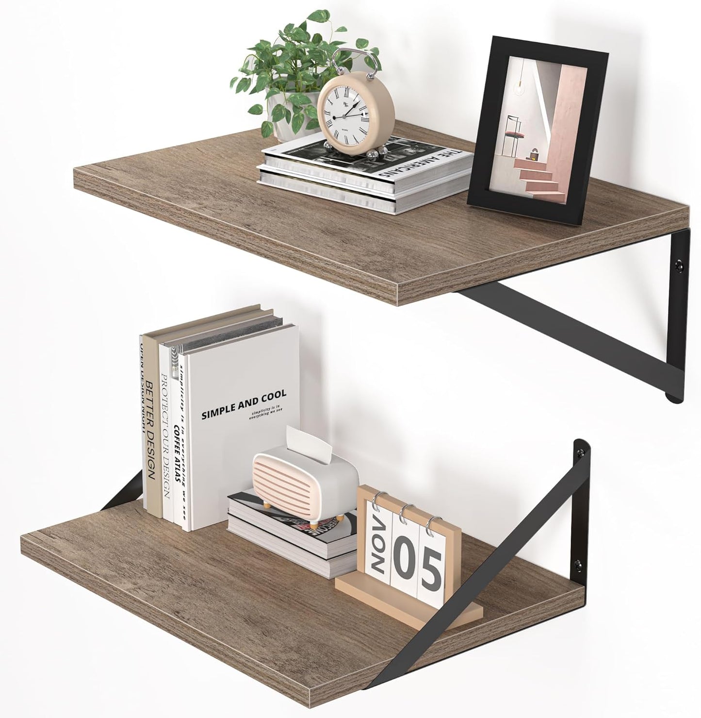 Heimlove Deep Floating Shelves for Wall, 16W x 12D Rustic Grey Wood Wall Shelves Set of 2, Large Floating Shelf for Living Room, Kitchen, Office, Bedroom and Decor Storage, with Metal Bracket - Grey