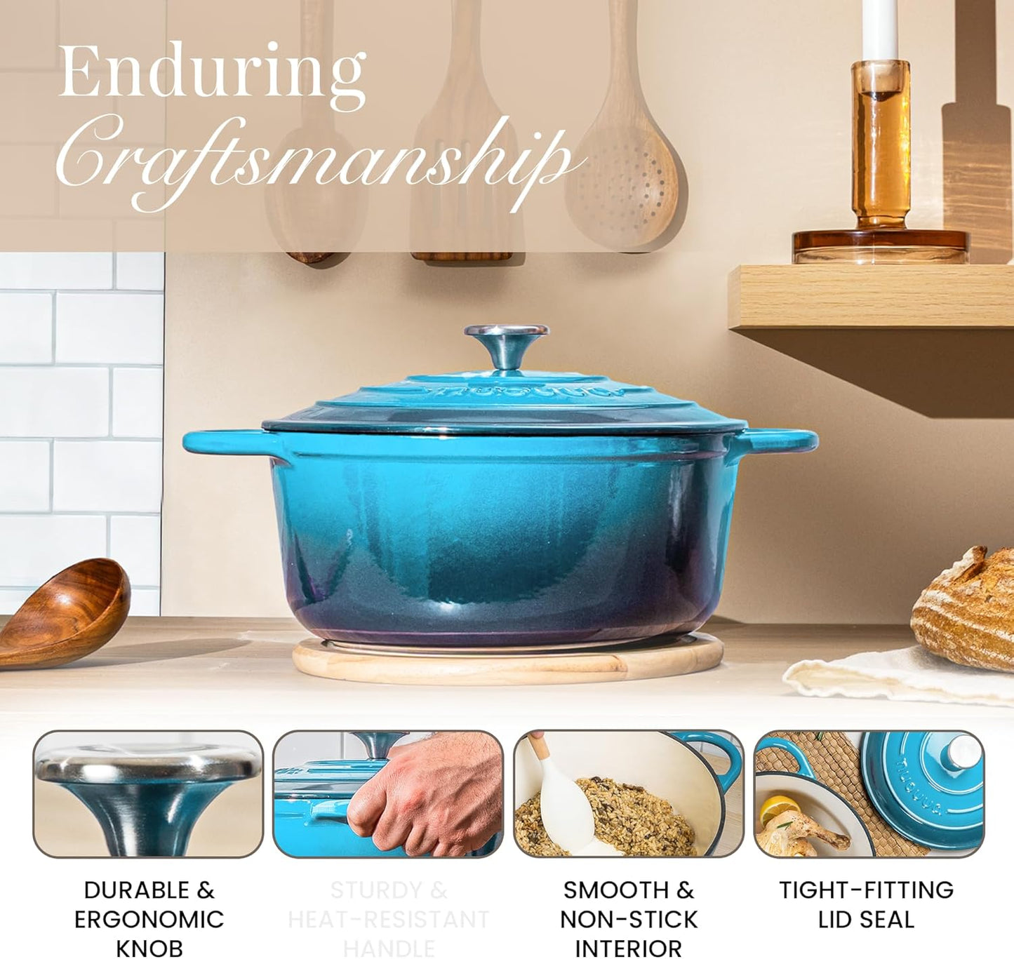 Nuovva Enamelled Cast Iron Dutch Oven Pot with Lid 6.4 Quart Non Stick Casserole Pot – Heavy Duty & Oven Safe up to 500° F for Bread Baking, Braising, Stews, Roasting – 28cm Light Blue