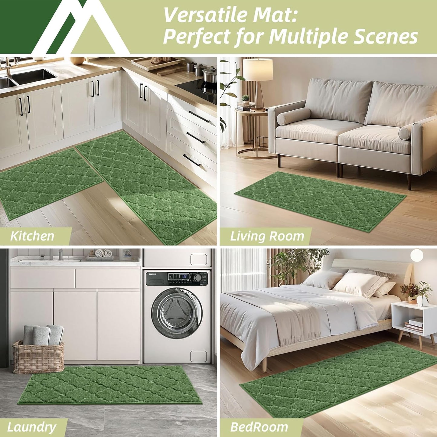 COSY HOMEER Soft Kitchen Floor Mats for in Front of Sink Super Absorbent Rugs 20"x59" Non-Skid Kitchen Standing Mat Washable,Polyester,Green