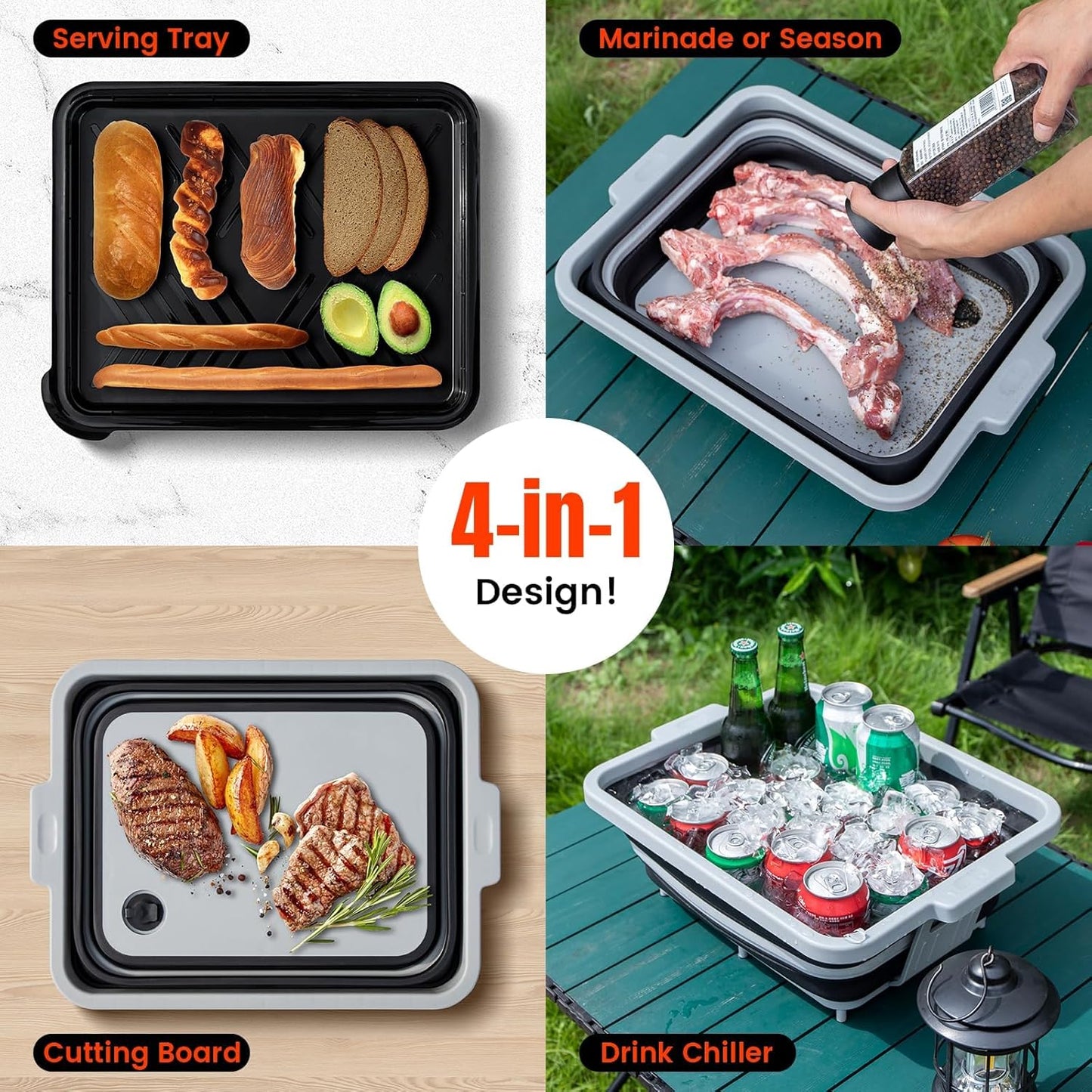 Collapsible BBQ Prep Tub with Lid — 2 Gal (8 L) Foldable Camping Sink & Colander, 4-in-1 Marinating Tub, Cutting Board, Serving Tray & Drink Chiller for Picnic, BBQ & Outdoor