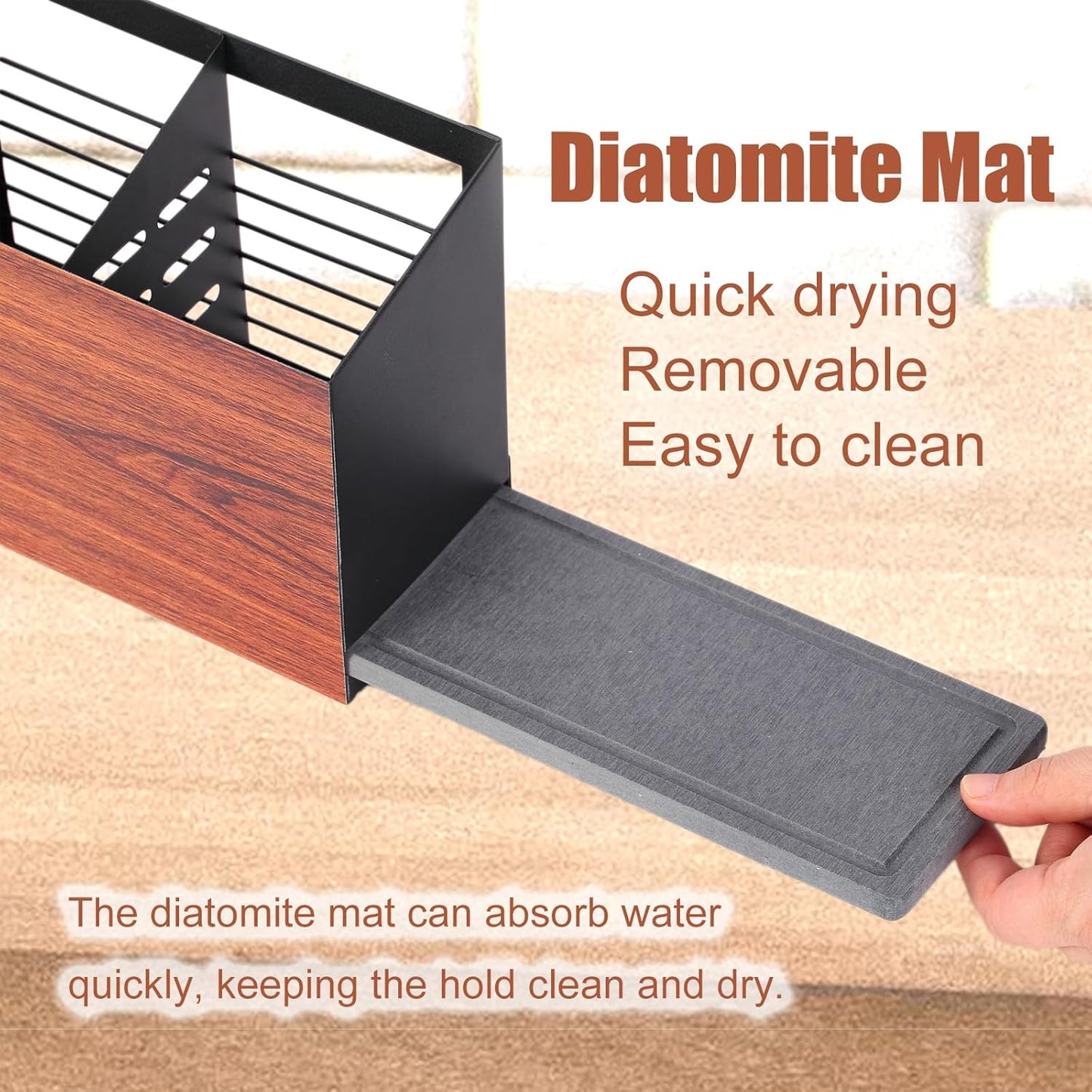 Utensil Holder Large Iron Flatware Container with 3 Compartments Countertop Wall-mounted Kitchen Utensil Storage (Black)